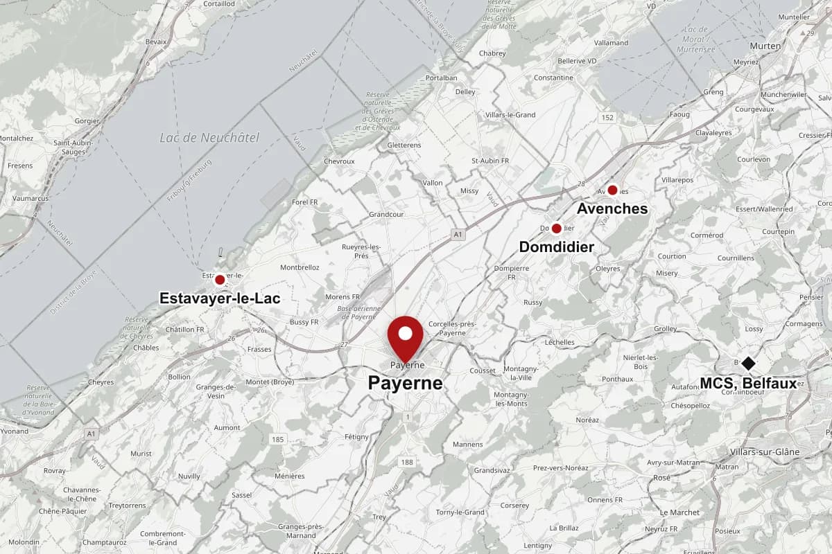 Carte de la Broye avec Payerne, Estavayer-le-Lac, Avenches et Domdidier