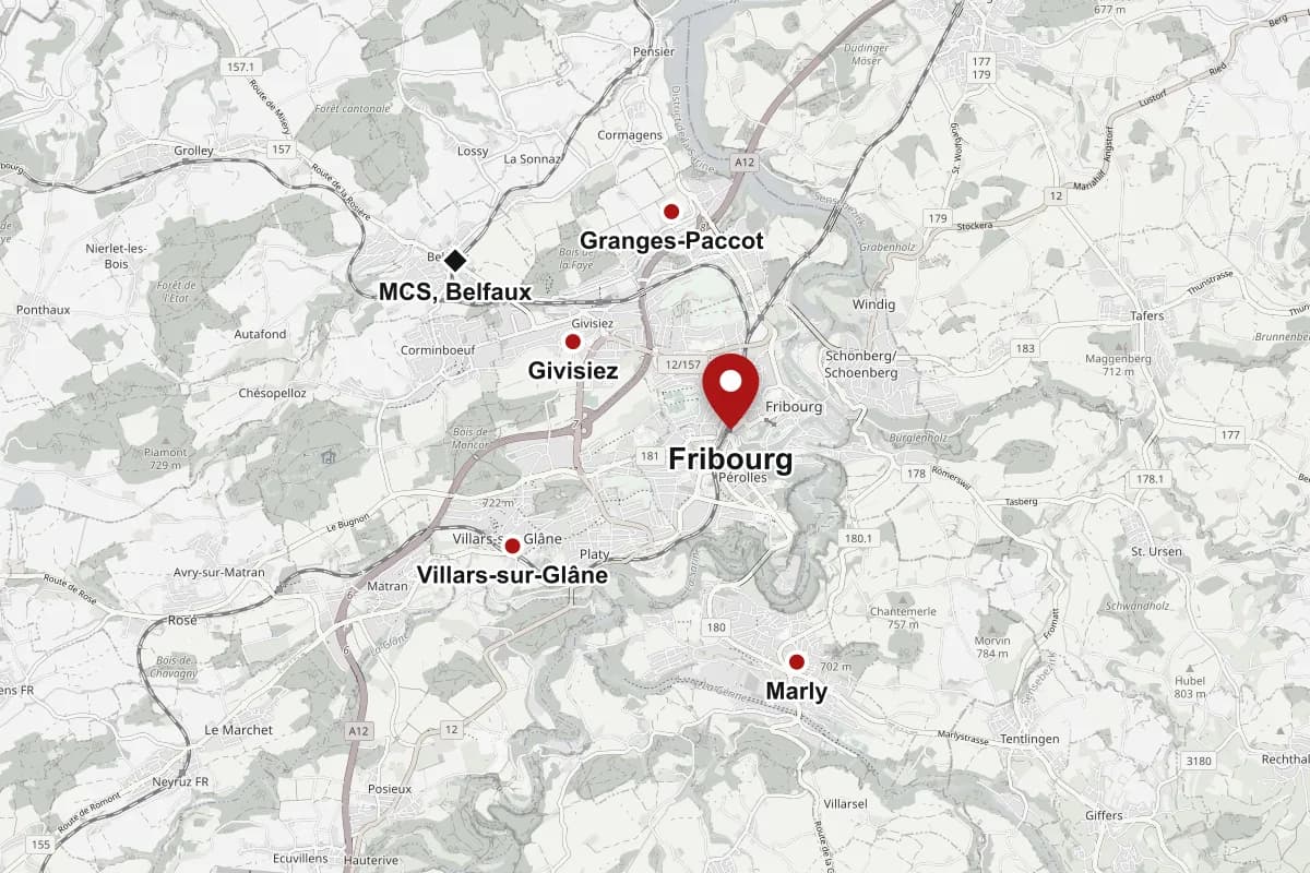 Carte de la région de Fribourg avec Belfaux, où se trouve MCS