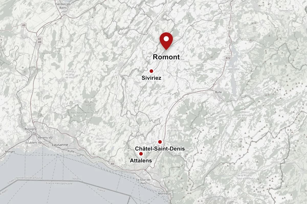 Carte de la Glâne et de la Veveyse avec Romont, Siviriez, Châtel-Saint-Denis et Attalens
