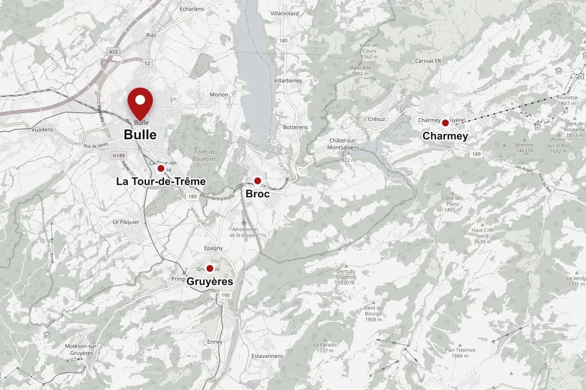 Carte de la Gruyère avec Bulle, Gruyères, La Tour-de-Trême, Broc et Charmey