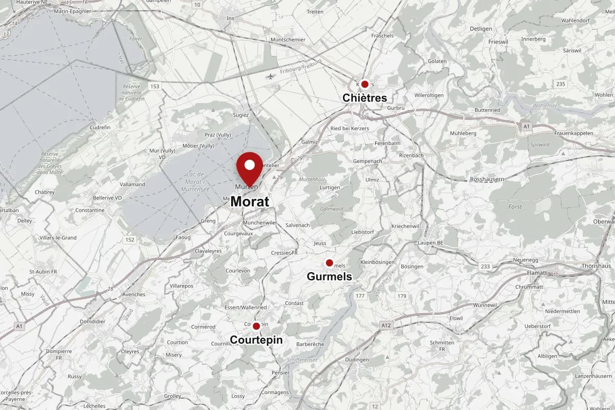 Carte de Morat et du Lac avec Morat, Courtepin, Gurmels et Chiètres