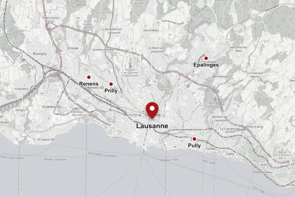 Carte de l'agglomération lausannoise avec Lausanne, Renens, Prilly, Pully et Epalinges