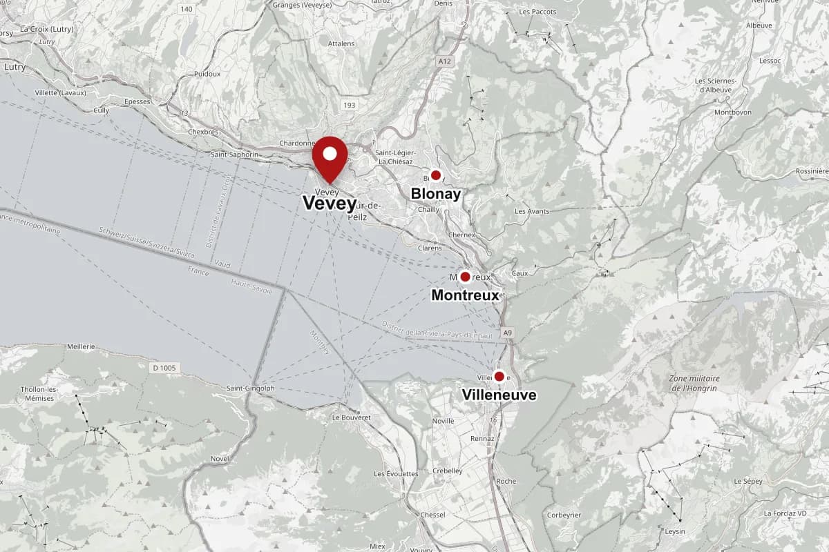 Carte de la Riviera avec Vevey, Montreux, Blonay et Villeneuve