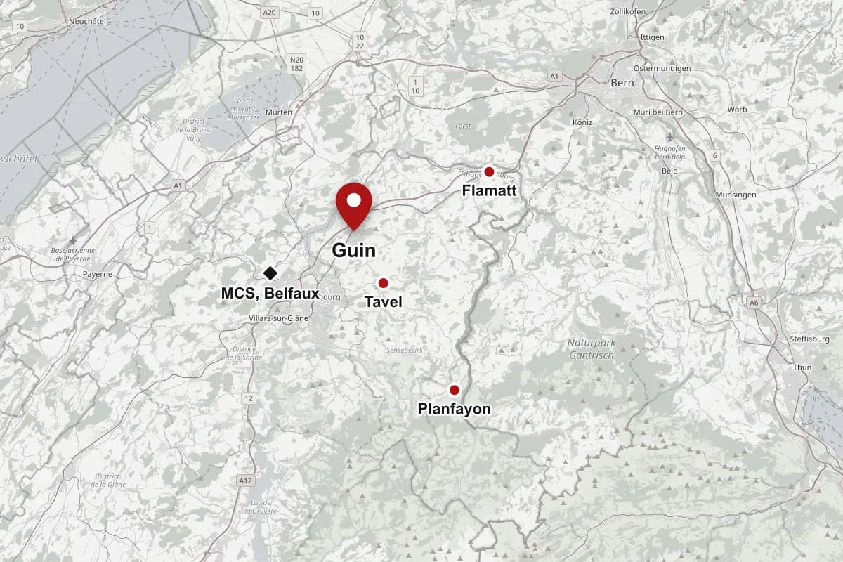 Carte de la Singine avec Guin, Tavel, Flamatt et Planfayon