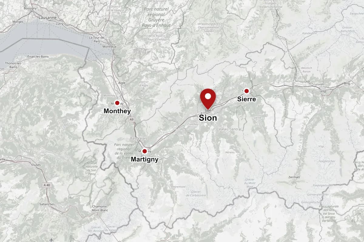 Carte du Valais romand avec Sion, Martigny, Monthey et Sierre