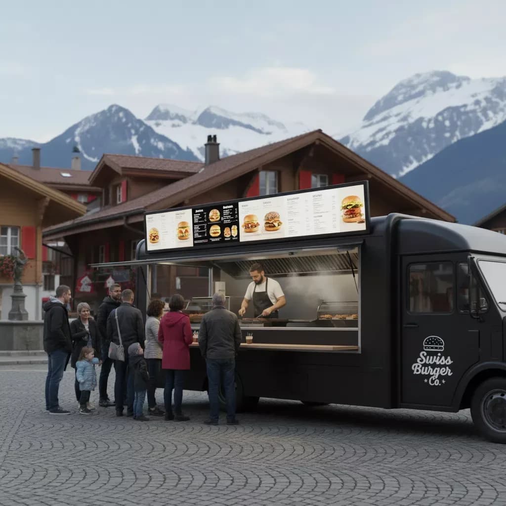 Food truck ouvert avec une caisse mobile sur le comptoir de service
