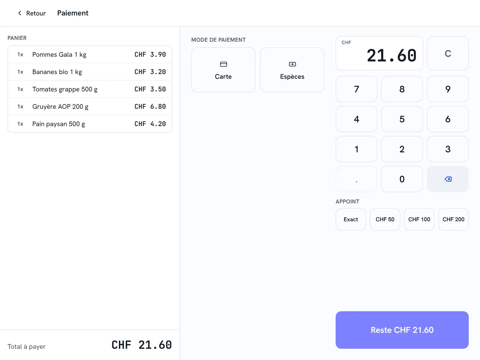 Écran d'encaissement d'une caisse tactile avec le panier et les modes de paiement