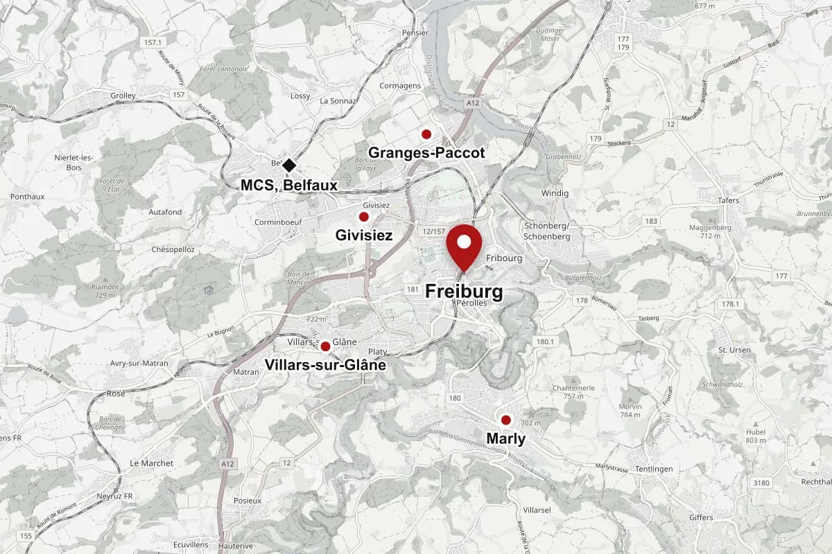 Karte der Region Freiburg mit Belfaux, wo MCS zu Hause ist