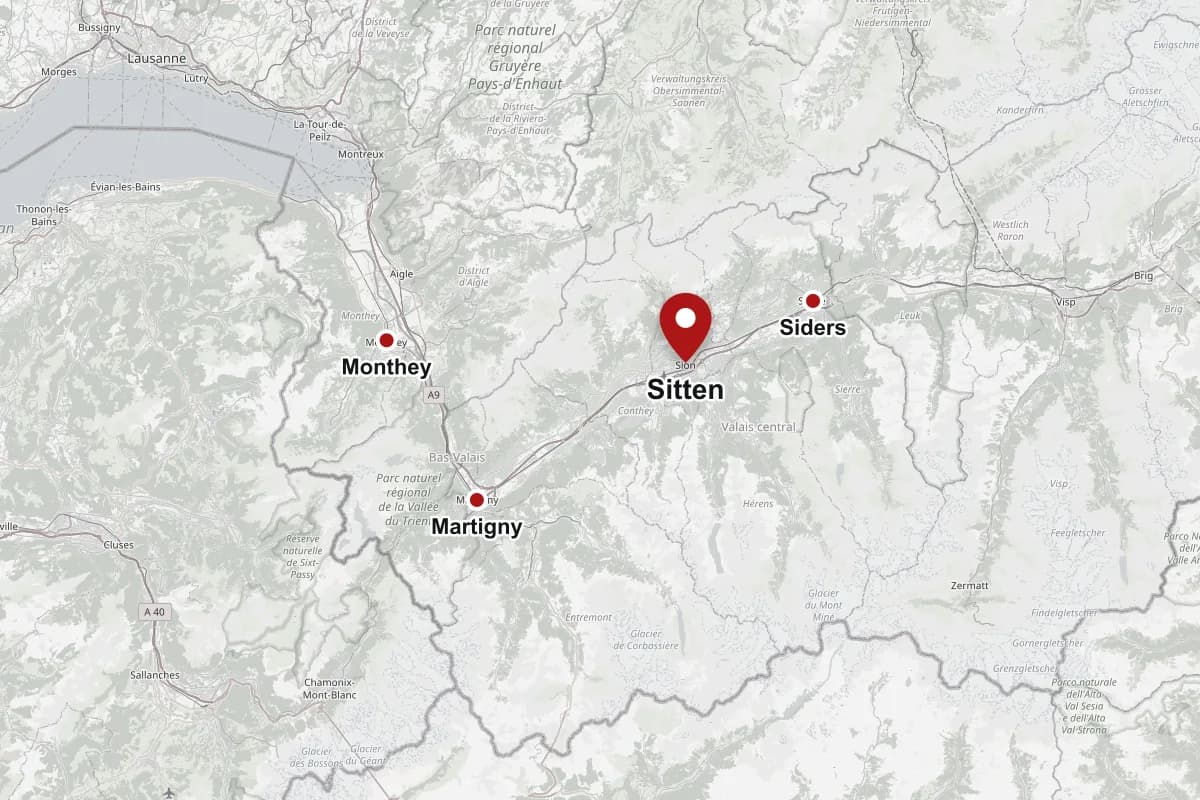 Karte des Unterwallis mit Sitten, Martigny, Monthey und Siders