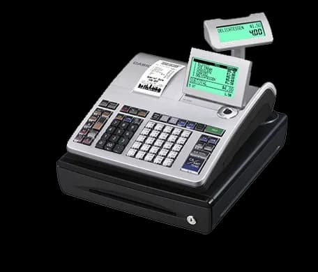 Caisse enregistreuse alphanumérique Casio à touches posée sur un comptoir