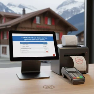 Caisse enregistreuse moderne dans bar suisse traditionnel avec vue sur chalet