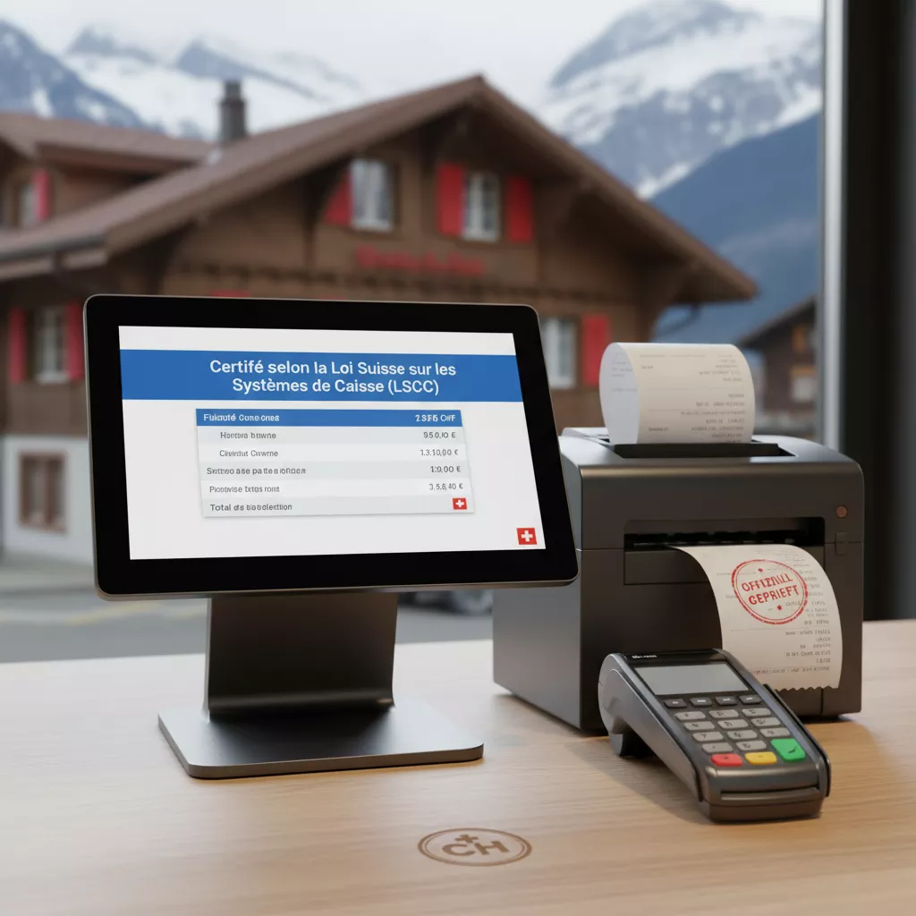 Caisse enregistreuse moderne dans bar suisse traditionnel avec vue sur chalet