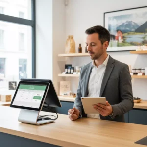 Commerçant analysant différentes caisses enregistreuses avant achat en Suisse