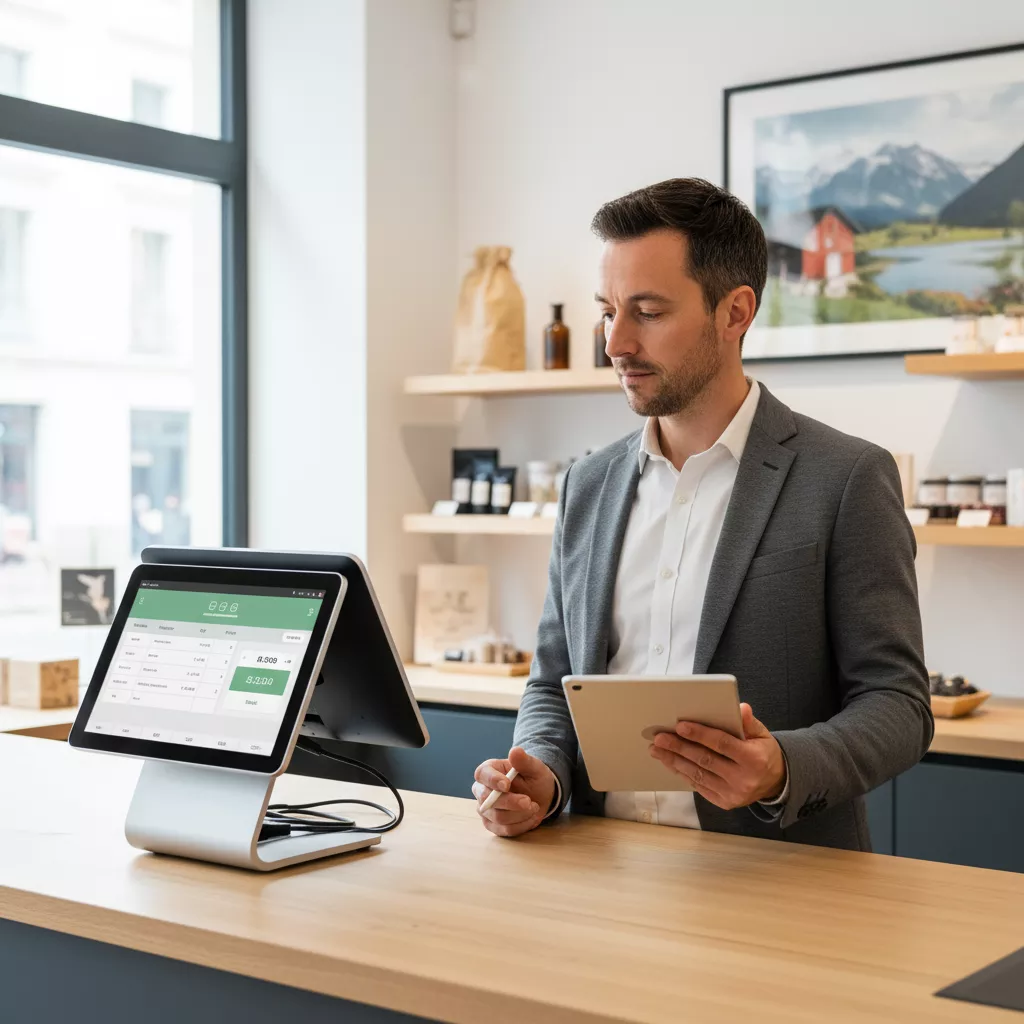 Commerçant analysant différentes caisses enregistreuses avant achat en Suisse