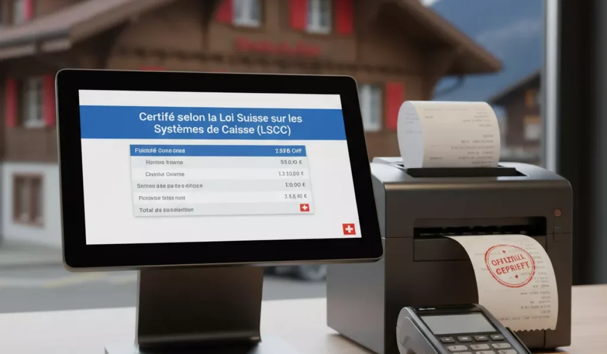 Caisse enregistreuse moderne dans bar suisse traditionnel avec vue sur chalet