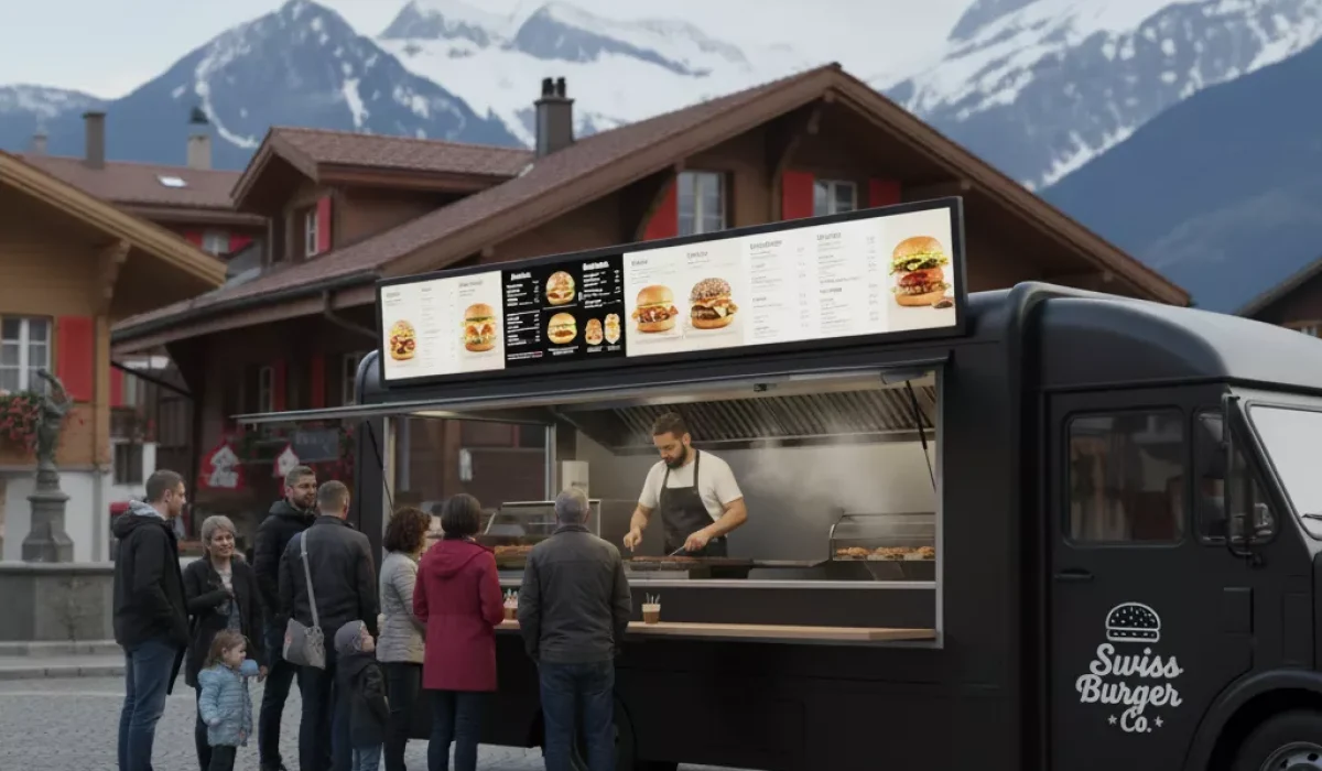 Système de caisse enregistreuse tactile installé dans un food truck en Suisse avec terminal de paiement mobile