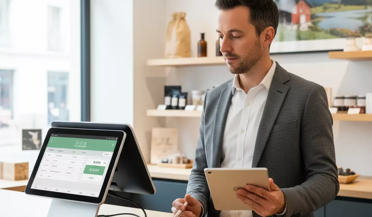 Commerçant analysant différentes caisses enregistreuses avant achat en Suisse